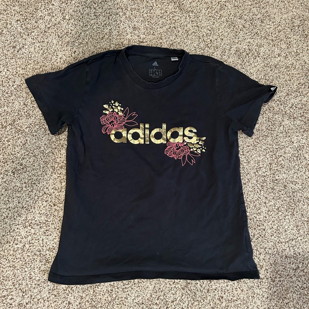 Adidas Black Tee with Gold and Pink Floral Logo